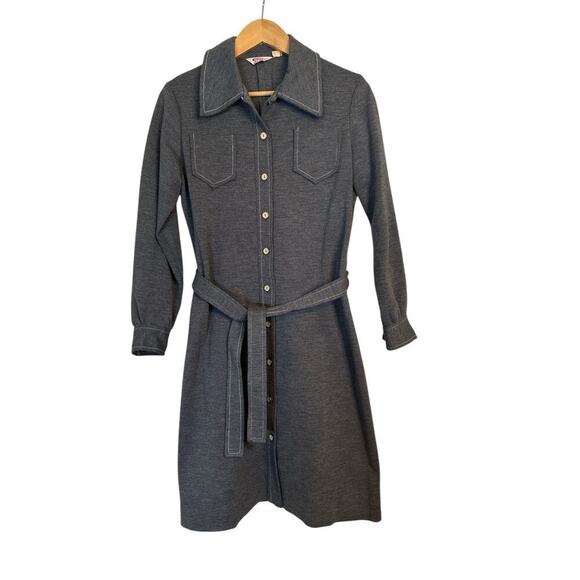 Vintage Fritzi Women's Soft Belted Button Up Shirt Dress Size M Gray Long Sleeve - Picture 2 of 8